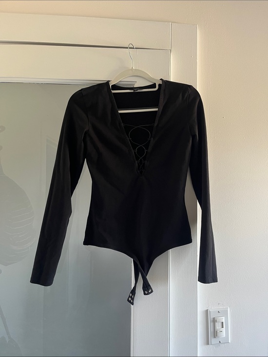 Guess Tops - Guess Black Long-Sleeve Lace-Up V-Neck Bodysuit